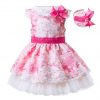 Pink Flower Dress with Lace and Collar Bow - Matching Headband