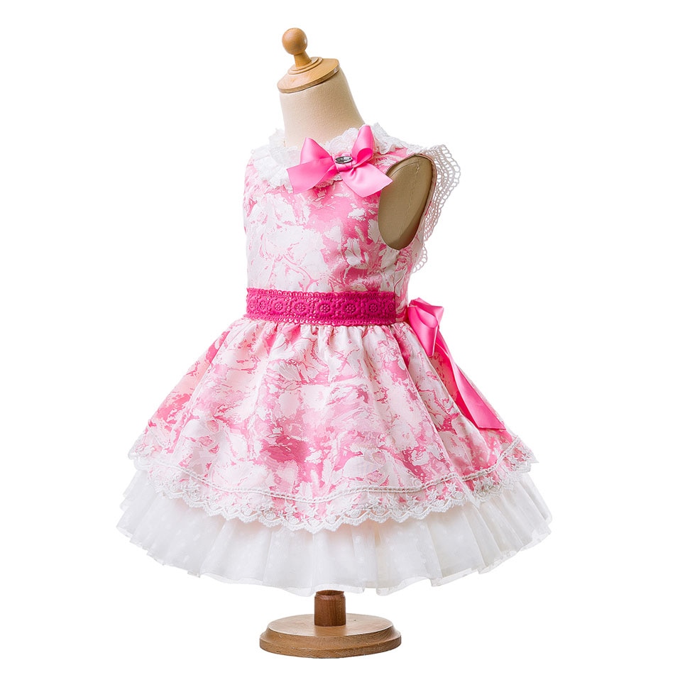 Pink Flower Dress with Lace and Collar Bow - Matching Headband - Image 3