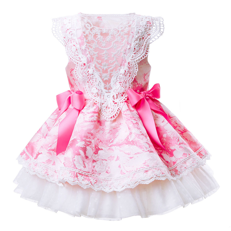Pink Flower Dress with Lace and Collar Bow - Matching Headband - Image 2