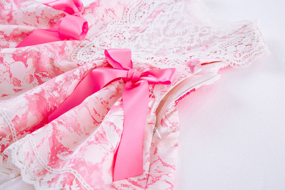 Pink Flower Dress with Lace and Collar Bow - Matching Headband - Image 6