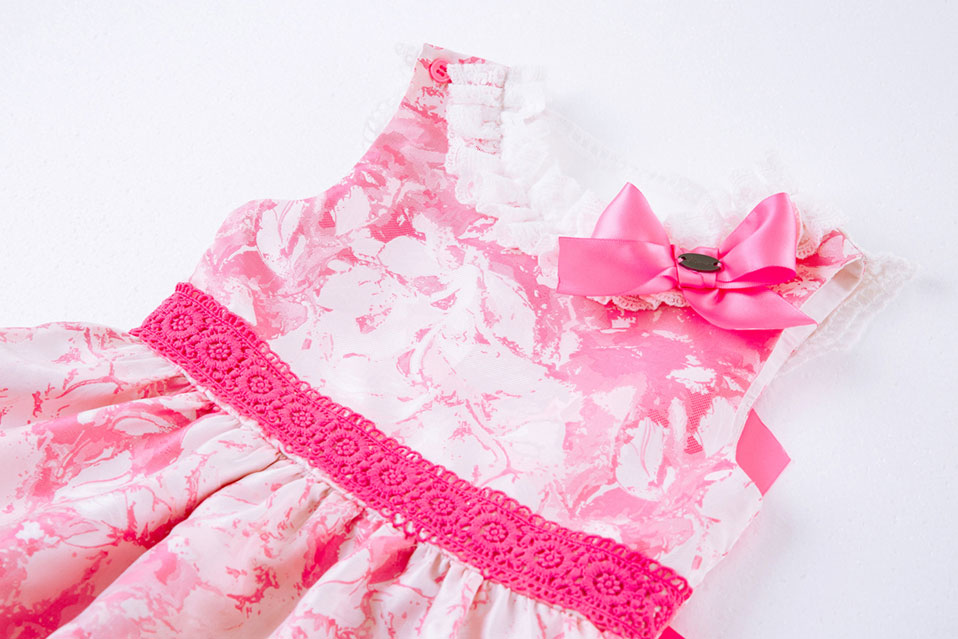 Pink Flower Dress with Lace and Collar Bow - Matching Headband - Image 4