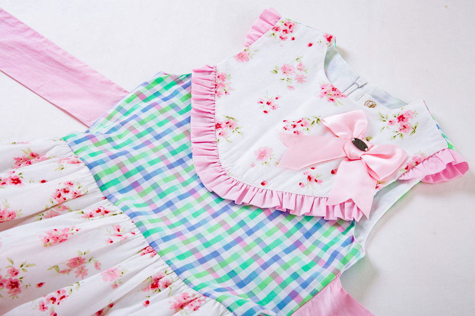 Pink Bow Dress with Grid and Flower Print - Matching Headband - Image 5