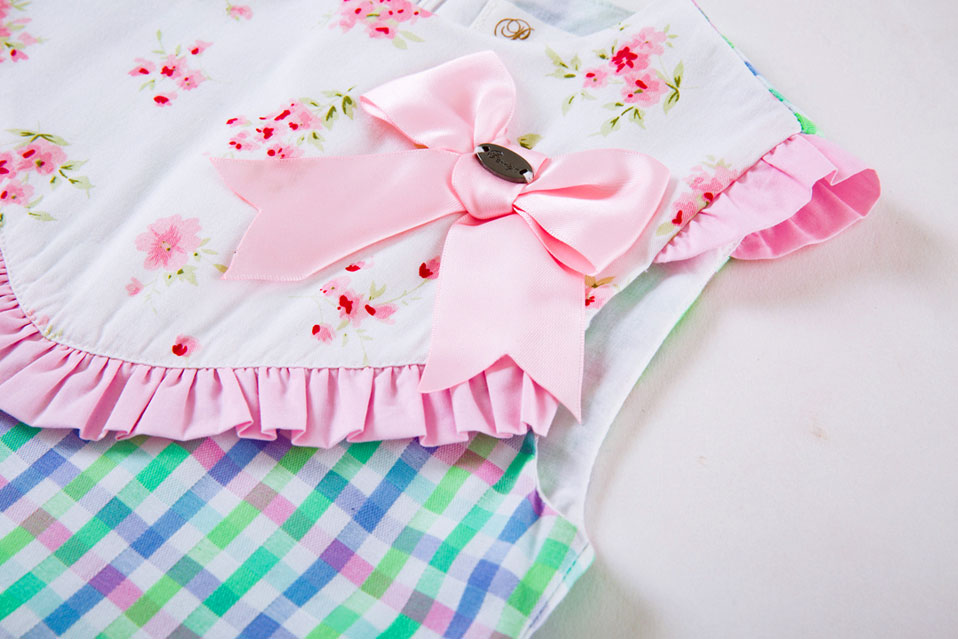 Pink Bow Dress with Grid and Flower Print - Matching Headband - Image 4