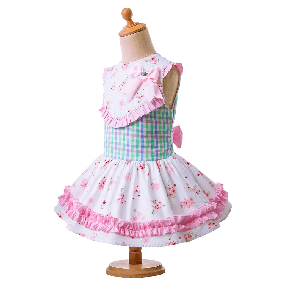 Pink Bow Dress with Grid and Flower Print - Matching Headband - Image 3
