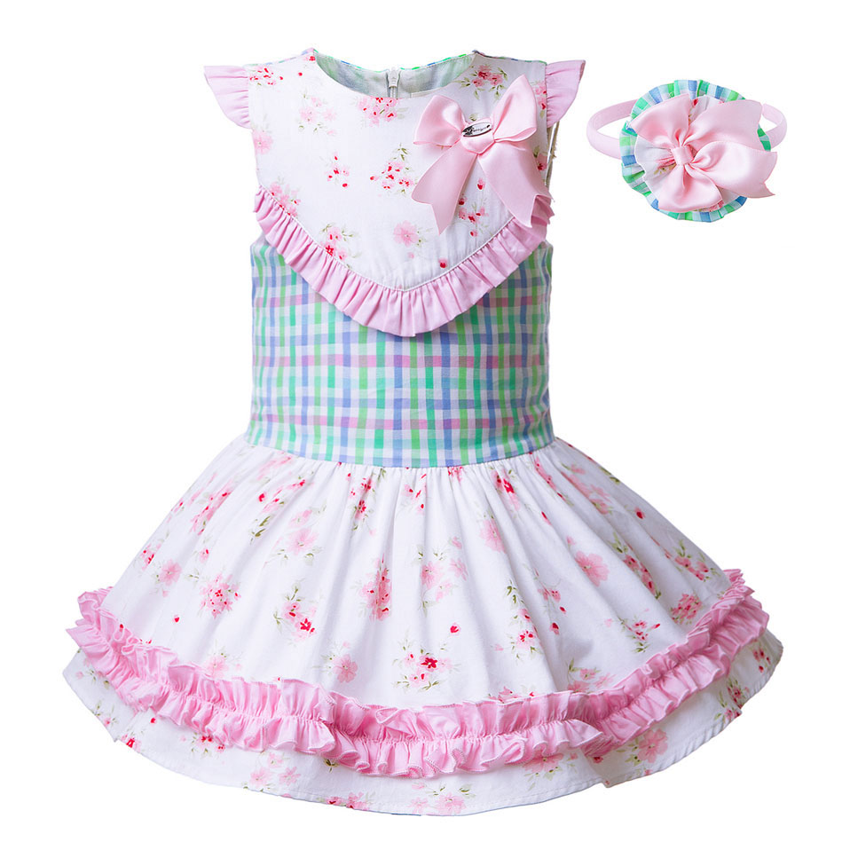 Pink Bow Dress with Grid and Flower Print - Matching Headband