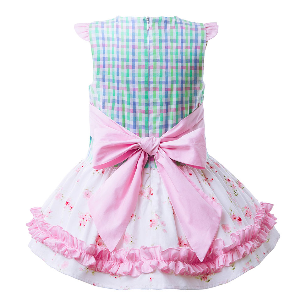 Pink Bow Dress with Grid and Flower Print - Matching Headband - Image 2