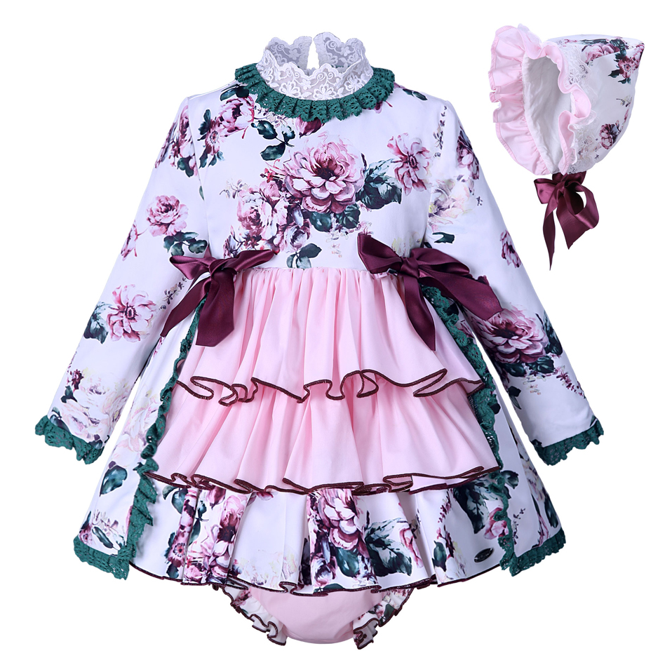 Flower Print Baby Girl Dress With Hat and Pants