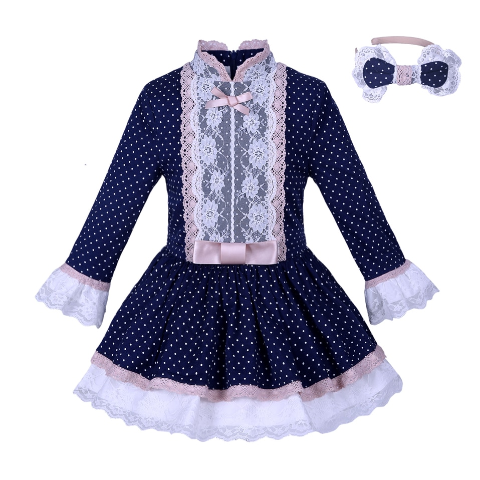 Navy Blue Dress With Lace Sash and White Polka Dots