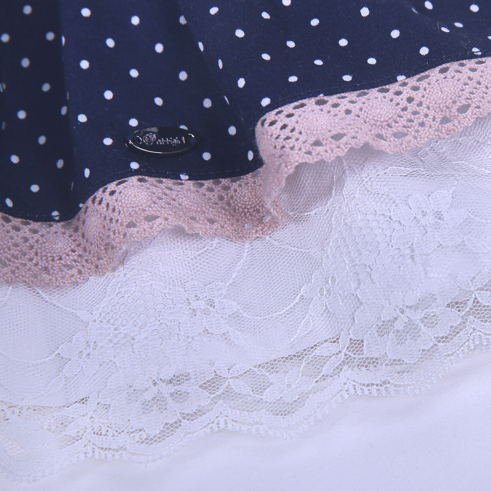 Navy Blue Dress With Lace Sash and White Polka Dots - Image 5