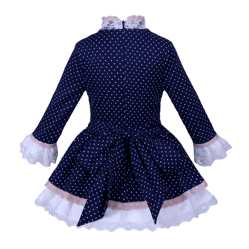Navy Blue Dress With Lace Sash and White Polka Dots - Image 2