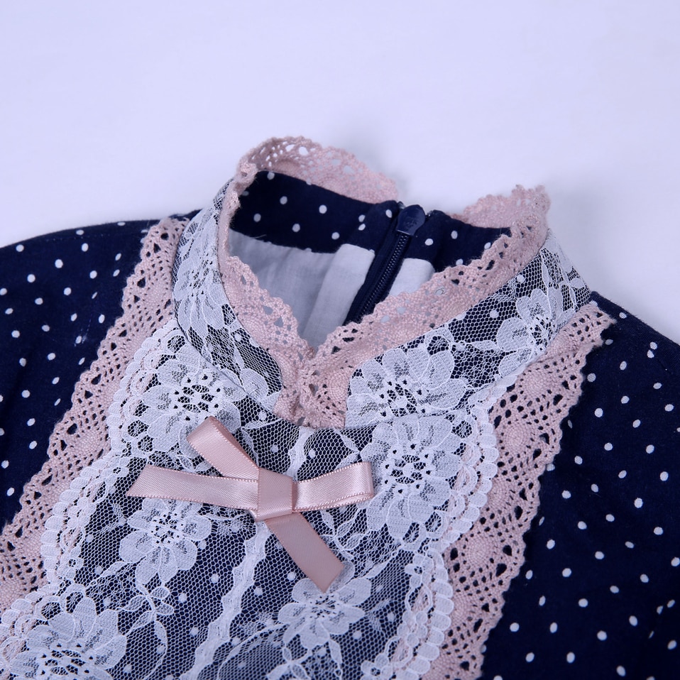 Navy Blue Dress With Lace Sash and White Polka Dots - Image 3