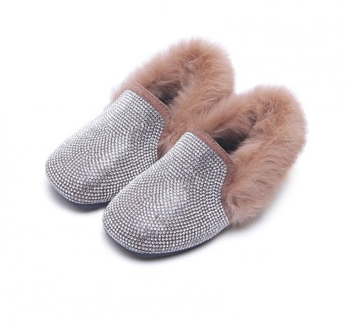 Rhinestone Fashion Loafers with Ankle Fur