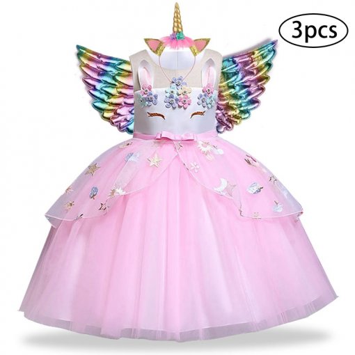 Girl's Unicorn Dress with Headband and Wings 3 Pcs Set